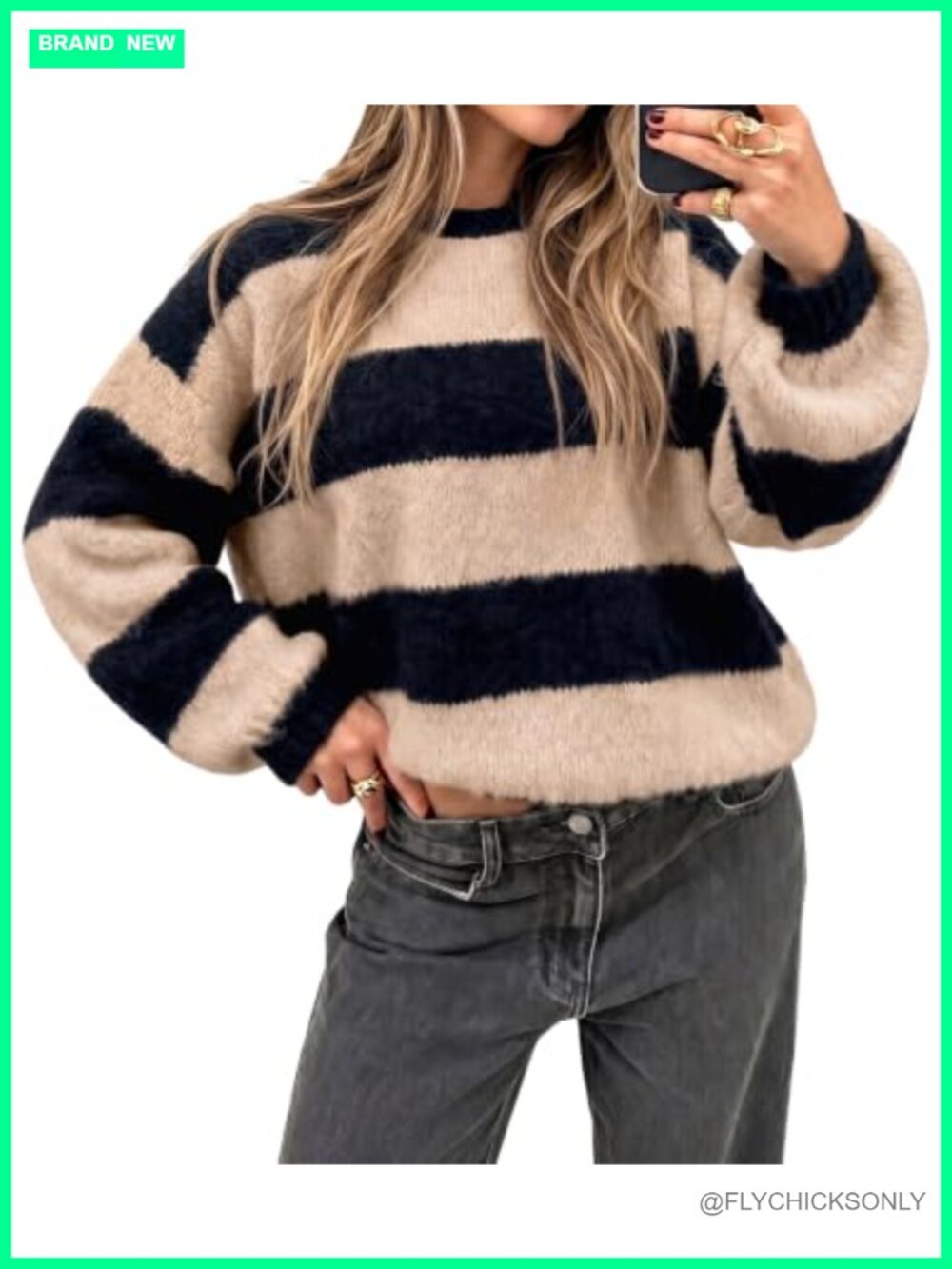Oversized Striped Fuzzy Knit Sweater Lantern Sleeve Pullover